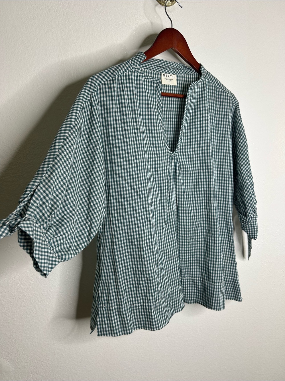 MIRTH 100% Cotton Green Gingham Short Sleeve Oversized Tunic Blouse